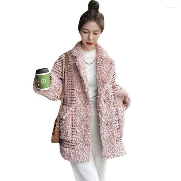 Pele feminina moda coreana 2023 inverno lã de cordeiro solta rosa xadrez retalhos fino grosso algodão acolchoado casaco feminino