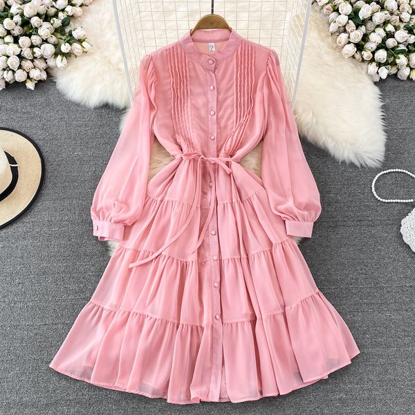 Vestidos casuais básicos estilo doce dobra o pescoço puff manga longa single-breasted cor sólida cintura alta vestido feminino outono novos vestidos 2024