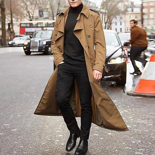 Мужские траншеи Coats 2023 Vintage Long Coat Business Casual Button Black Solid Overcoat High Street Men Men осени