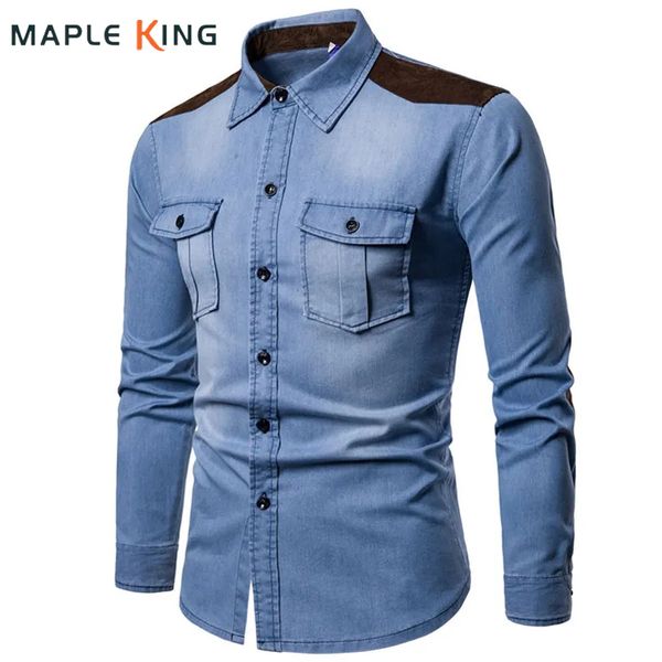 Camisas de vestido masculinas Denim Camisa Homens Manga Longa Homens Casual Algodão Jeans Camisa Slim Camurça Combinando Mens Camisas de Bolso Sólido Tops Chemise Homme 230826