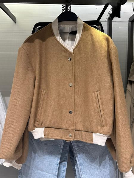 Jaquetas femininas RR2441 Mistura de lã curta Bomber Jackets Mulheres Traf Zaba Manga Longa Khaki Cor Jaquetas Senhoras Botão Fechamento Cropped Jacket 230826