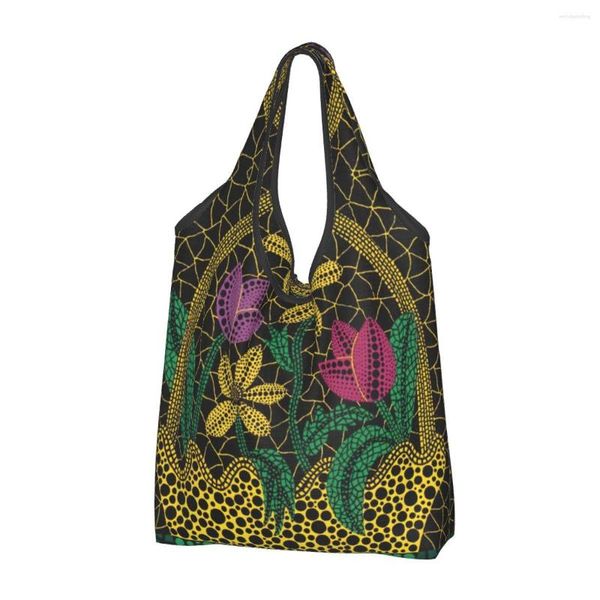 Einkaufstaschen, wiederverwendbar, Yayoi Kusama-Tasche, Damen-Tragetasche, tragbar, bunte Blumen im Korb, Lebensmitteleinkäufer