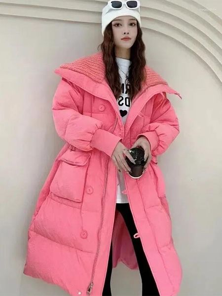 Trench da donna Cappotto invernale in pelliccia di agnello Piumino con risvolto largo Cappotto ispessito in anatra bianca medio lungo Parke ampio da donna