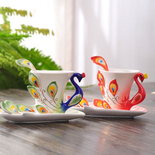 Kupalar Phoenix Peacock Mug Koleksiyon Güzel Sanatlar Çin Porselen Çay Kupası Kemik Seramik Kahve Sütü Hediye için Kaşık Tepsisi 230828