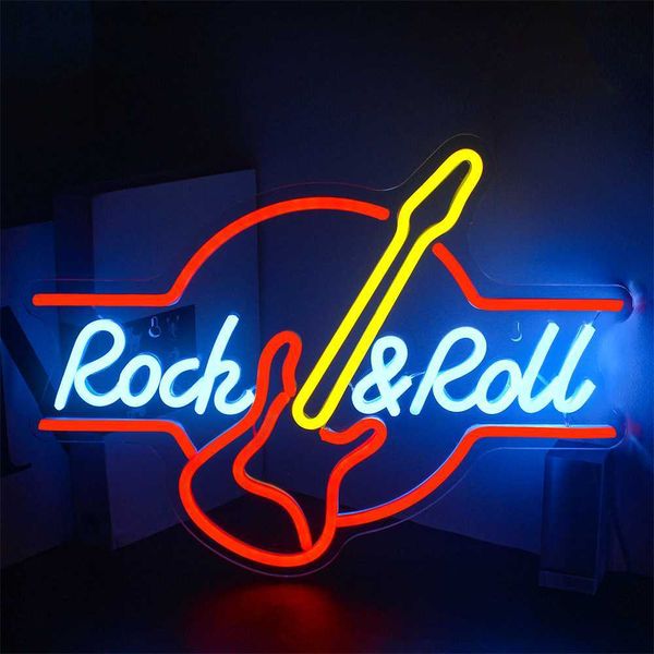 Chitarra Rock and Roll Insegne al neon Musica Led Neon Light Art Decorazioni da parete per sala giochi Musica Party Rock Studio Bar Disco Party Neon HKD230825
