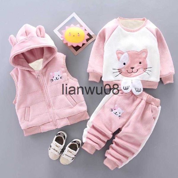 Conjuntos de roupas 2023new roupas infantis menino menina bebê outono e inverno mais veludo espessamento com capuz gato dos desenhos animados três peças terno de bebê 04y x0828