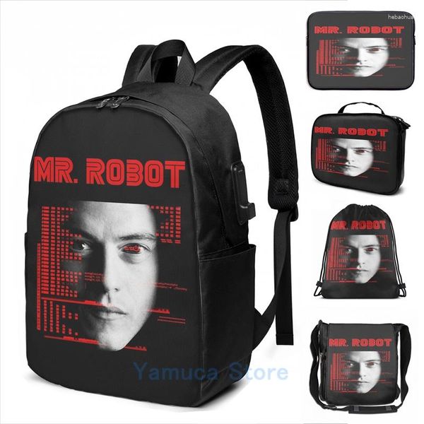 Mochila Engraçado Impressão Gráfica MR ROBOT Red_cmd_elliot Carga USB Homens Sacos Escolares Mulheres Bolsa Viagem Laptop