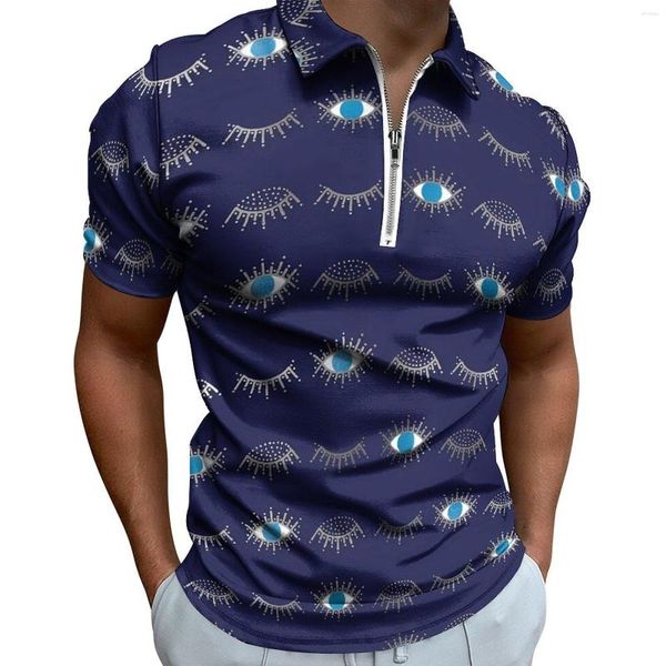 Polos masculinos cílios estampados camisetas casuais azul mal olhado camisas polo moda verão manga curta roupas gráficas tamanho grande