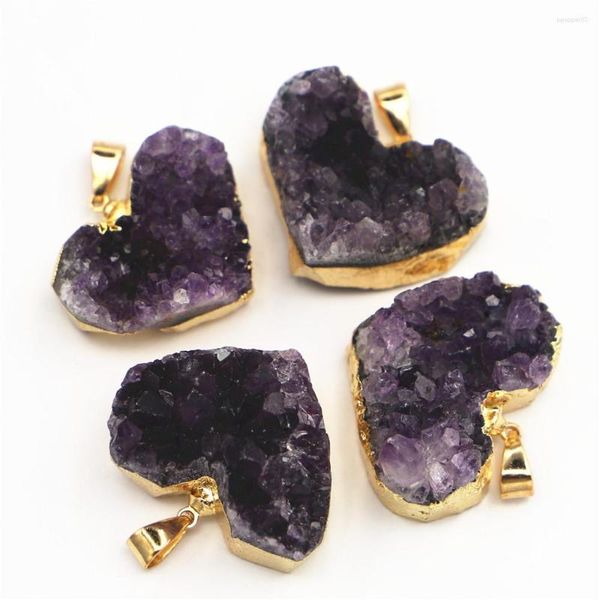 Anhänger Halsketten 2 teile/los Mode Glamour Naturstein Herz Form Exquisite Amethyst Unisex Schmuck Halskette Machen Großhandel