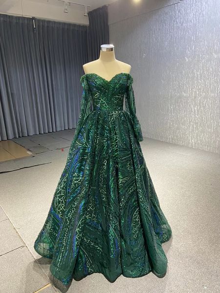 Vestidos de noite elegantes querida verde escuro manga comprida laço pesado lantejoulas frisadas SM222106