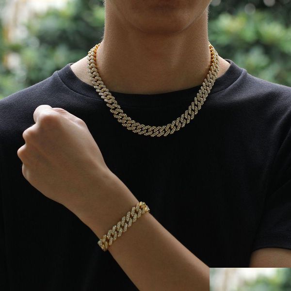 Pulseira Colar 12mm Miami Cuban Link Chain Pulseiras Set para Mens Bling Hip Hop Iced Out Diamond Gold Sier Rapper Chains Mulheres Lu Dhsat