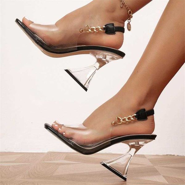 ПВХ прозрачные сандалии для женщин Summer Fashion Square Open Toe Chain Back Strap Shoes Crystal Strange High Heels 230807