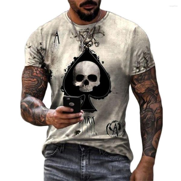 Camiseta masculina retro poker cartão impressão t-shirts verão o-pescoço poliéster manga curta topos respirável solto masculino t roupas masculinas