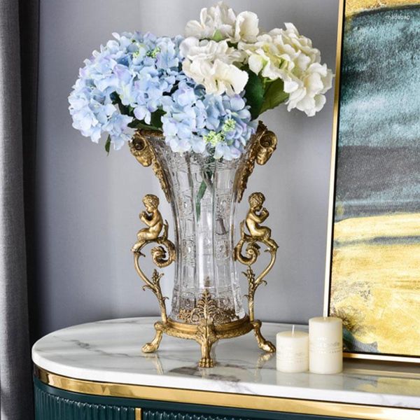 Vasos Vaso de vidro de cristal de luxo com dois anjos dourados estatuetas de bronze arte artesanato decoração ornamentos para sala de casa el mesa de jantar