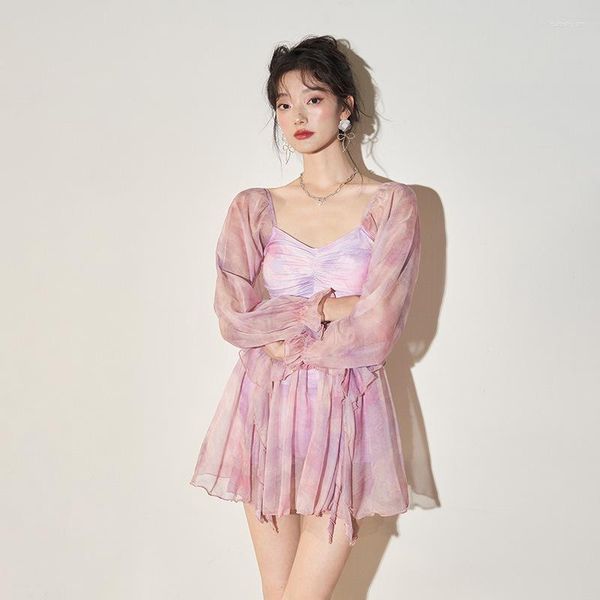 Costumi da bagno da donna Wisuwore 2023 coreano un pezzo conservatore gonna divisa angolo piatto copertura pancia spettacolo sottile costume da bagno a maniche lunghe