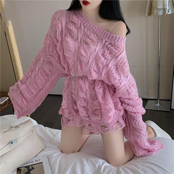 Frauen Pullover Aushöhlen Koreanische Oansatz Pullover Feste Spitze Stricken Alle-Spiel 2023 Casual Herbst Lose Mode Sanfte Kleidung