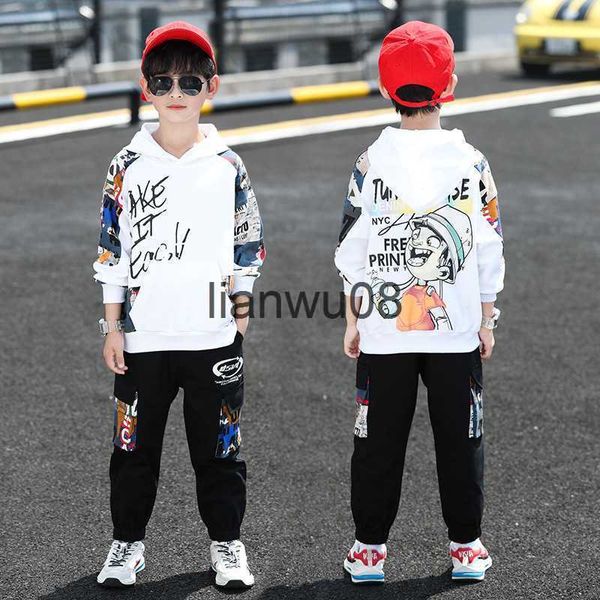 Kleidung Sets 2023 Herbst Winter Boy Anime Kleidung Anzug Teenager Kinder Set GRAFFITI Mit Kapuze Baumwolle Pullover Hosen 5 6 7 8 9 10 11 12 jahr x0828