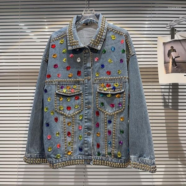 Женские куртки Borvemays Colors Diamonds Patchwork Denim Jacket Street Demperament Отволо однобортный с длинным рукавом свободное пальто осень осень