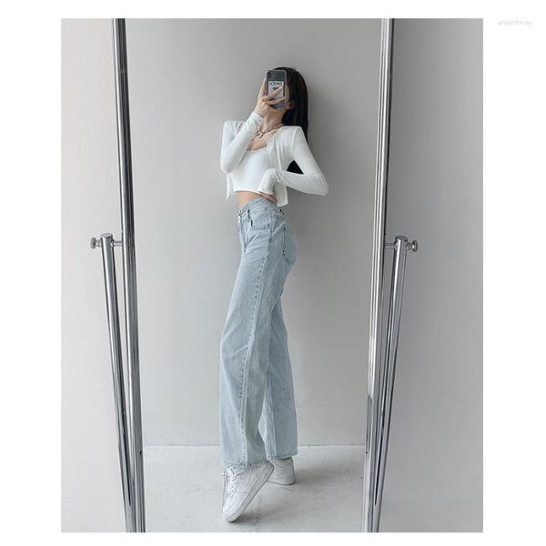 Damen Jeans Retro High Waist Breasted Draping Loose Straight Wide Leg Hose Show Thin Mopping Pants