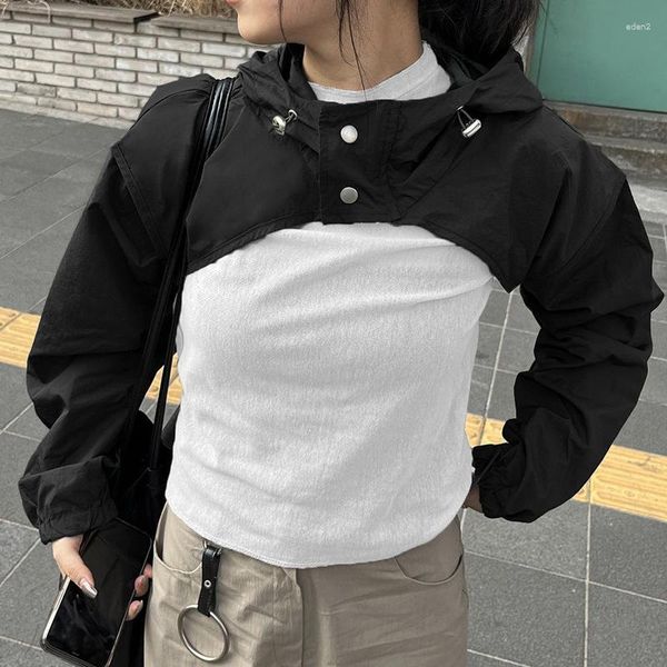 Damenjacken im koreanischen Stil mit zwei Knöpfen, Stehkragen, bauchfrei, mit Kapuze, weiß, langärmelig, lässig, Sweats, Hemd, schwarze Smock-Tops