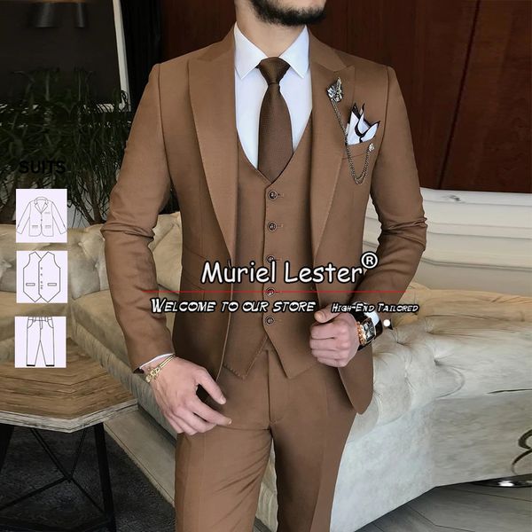 Erkek Suit Blazers Kahverengi Düğün Takımları Erkekler için Slim Fit Single Breaded Blazer Terzi 3 Parça Ceket Yelek Pantolon İş Terno Kostüm Homme 230826