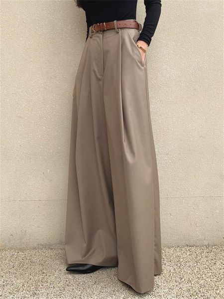 Женские брюки в корейском стиле Женщины плиссированные драпированные брюки шикарные высокие талию свободные широко широко широко распространенные дамы с твердым цветом длинный повседневность