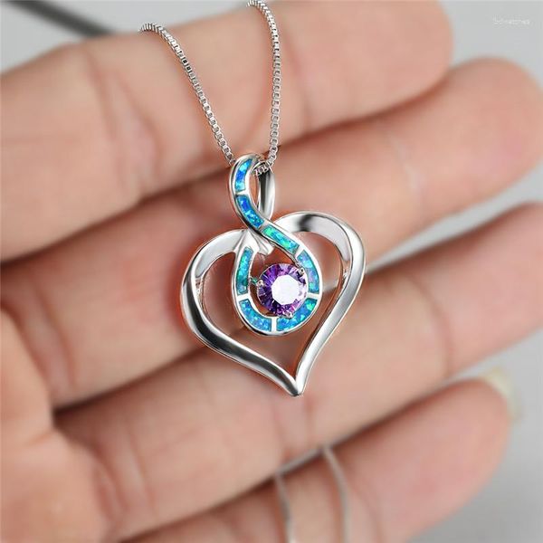 Collane con ciondolo Lusso Infinito Cuore d'amore Blu Bianco Opale di fuoco per donna Collana di fidanzamento con zirconi viola color argento