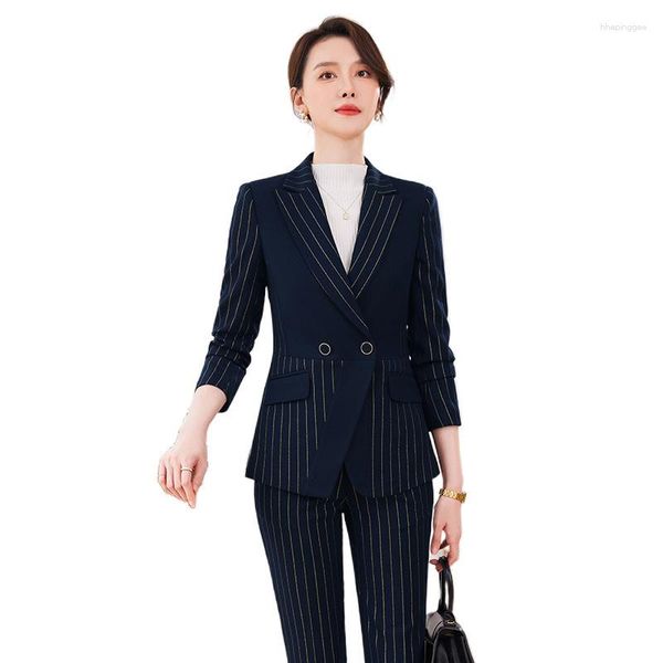 Calças femininas de duas peças branco ouro listrado mulheres trabalho desgaste calça formal terno blazer senhoras feminino manga longa magro jaqueta de negócios calças 2