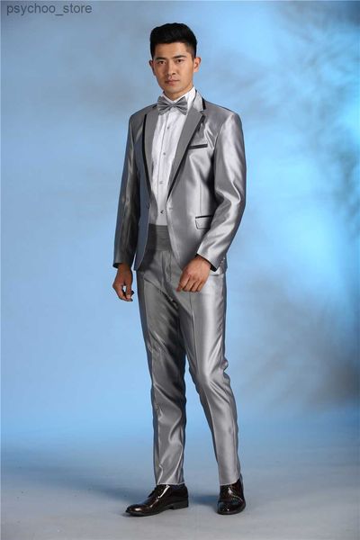 Последние дизайны брюки с серым бежевым исполнением мужчины Slim Fit 2 Piece Cheap Show Blazer Come Stage Tuxedo Terno Masculino Q230828