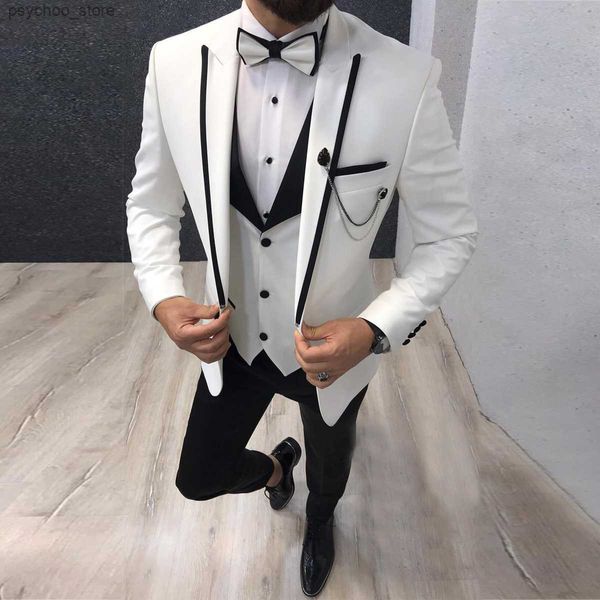 Homens Ternos 3 Peças Slim Fit Casual Business Groomsmen Cinza Verde Marfim Lapela Smoking para Casamento Formal (Blazer + Calça + Colete) Q230828