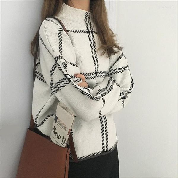 Maglioni da donna Dolcevita lavorato a maglia da donna Pullover scozzese a maniche lunghe Autunno Inverno Elegante maglione a quadri Femme Maglieria da donna Mujer