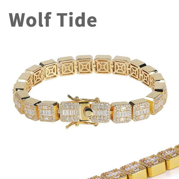 Baguette CZ Bracciale tennis a grappolo con zirconi cubici Braccialetti a catena Hip Hop Oro bianco 18 carati Bling Square Princess Diamond Rapper Miami Catene Rapper Jewelry