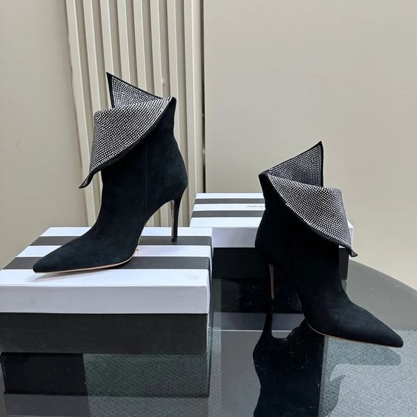 Novo shinestones lapela decoração de tornozelo botas pontudas de ponta de moda boots de moda feminina booties de luxo de luxo de luxo sapatos de vestido