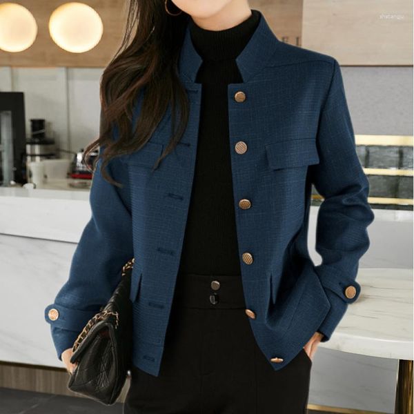 Damenjacken, Mantel, Stehkragen, kleiner duftender Frühlingsherbst, koreanische blaue Jacke, Damenmode, Kleidung, Vintage-chinesischer Tunika-Anzug