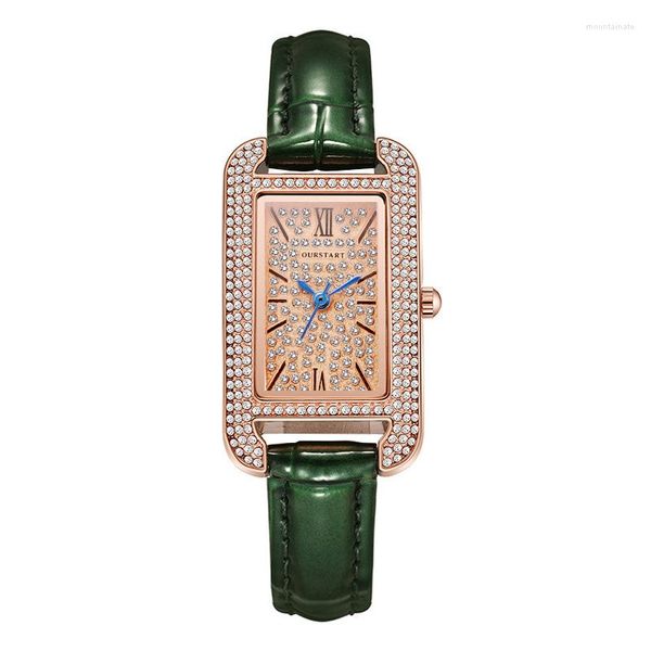 Armbanduhren Luxus Rechteck Voller Strass Damenuhr Wasserdicht Römisches Zifferblatt Lederband Damen Montre Femme Relogio