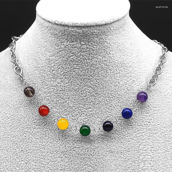 Anhänger Halsketten 7 Chakra Edelstein Perlen Choker Edelstahl Schlüsselbein Kette Halskette Yoga Reiki Heilung Ausgleich Schmuck NSG259S04