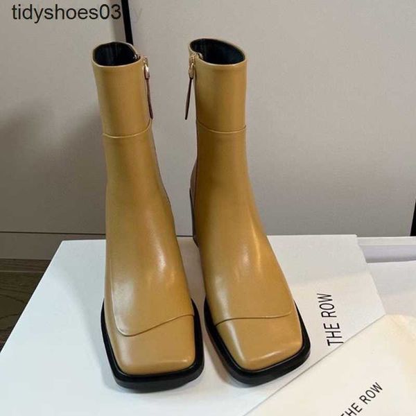 Os sapatos de linha vestem sapatos pequenos multidão feminina designers rois couro grosso de salto alto botas curtas para mulheres com zíper francês zíper quadrado fino novo eqdd n5vn