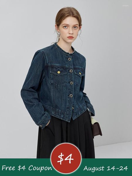 Damenjacken FSLE Retro Denim Kurze Jacke Für Frauen 2023 Herbst Rundhals Weibliche Dunkelblaue Mäntel Taste Tasche Dekoration