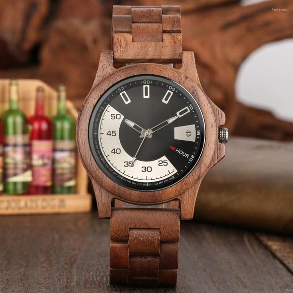 Relógios de pulso elegante relógio de pulso de quartzo de madeira completa de madeira exclusivo mostrador redondo fecho dobrável noz / bordo / ébano relógios masculinos de madeira
