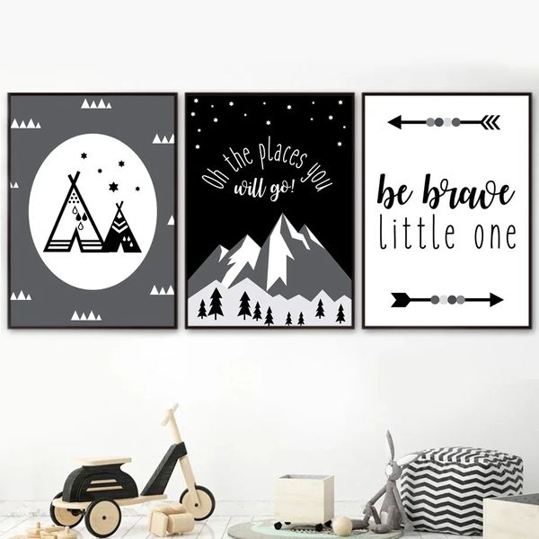 Nero Bianco Cartoon Tela Dipinto Foresta di Montagna Freccia Poster Stampe nordiche Immagini murali Ragazza Ragazzo Bambini Camera da letto Nursery Decor Regalo Senza cornice Wo6