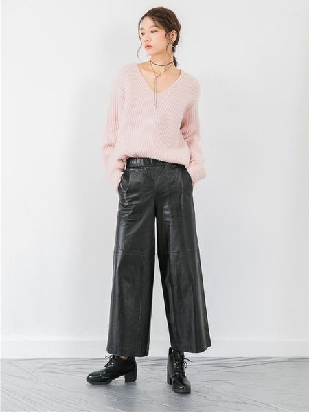 Kadın Pantolon Kadın Gerçek Deri Orijinal Lamba Tousers Geniş Bacak Yüksek Bel 2023 Sonbahar Kış Elastik Sokak Giyim Siyah Şarap