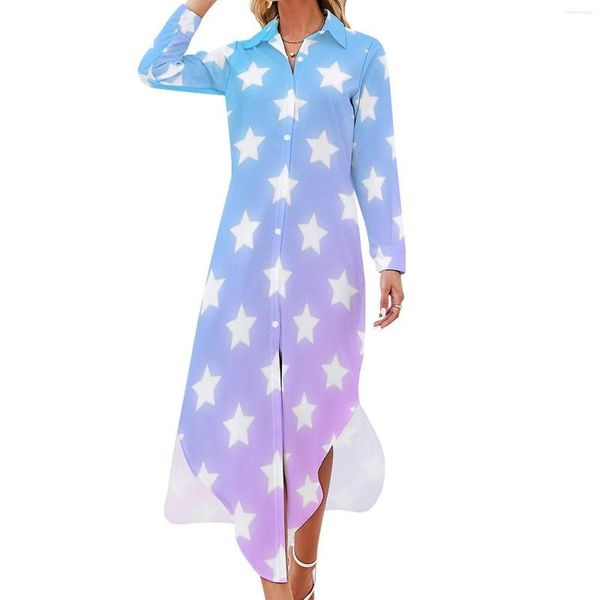 Vestidos casuais branco estrelas impressão chiffon vestido colorido praia mulheres manga longa rua desgaste v pescoço gráfico tamanho grande