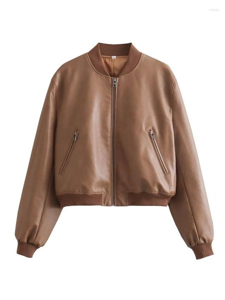 Женские куртки Mesttraf Women 2023 Fashion Y2K Fauxe Leather Bomber Jacket Pain Vintage с длинным рукавом передняя молния