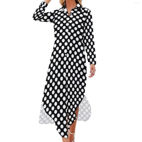 Lässige Kleider, schwarz-weiß gepunktetes Kleid, Vintage-Spots-Druck, stilvoll, sexy, V-Ausschnitt, moderne Chiffon-Langarmkleidung