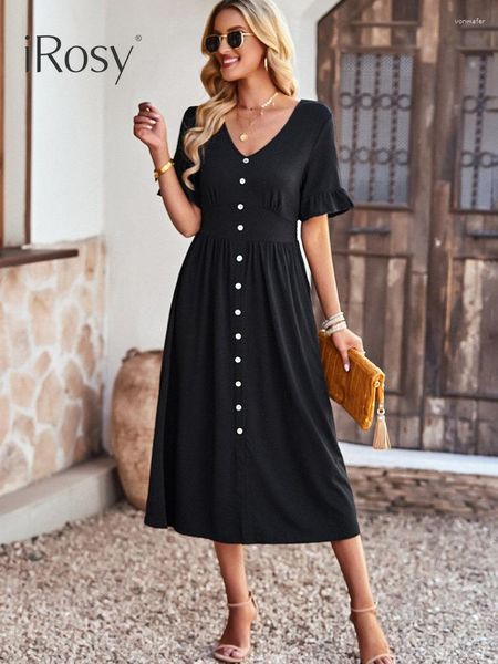 Casual Kleider Sommer Einfarbig Für Frauen 2023 V-ausschnitt Kurzarm Split A-Line Midi Kleid Büro Hause Weibliche Outfits