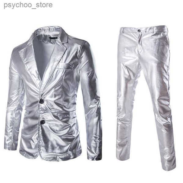 Mode Reflektierende Stoff Zwei Stück Anzug Männlichen Herbst Plus Größe Shiny Silber Casual Anzug Set Männer Slim Fit Anzug Blazer 2 stück Set Q230828