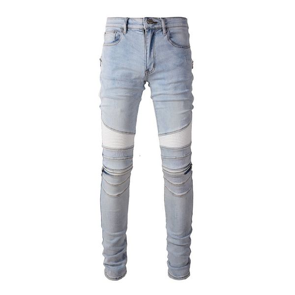 Jeans da uomo EU Drip Bikers Azzurro Streetwear Costine effetto consumato Patchwork Cerniere sui lati strappati 230828