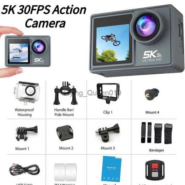 Impermeabile bicicletta subacquea Cam 5K 30FPS Action Camera doppio schermo IPS 170 gradi grandangolare telecomando temporizzato Photo Loop Video HKD230828