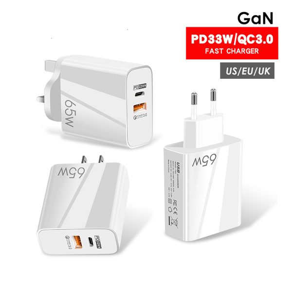 65W USB C Зарядное устройство USB-C Power Supply 2 Ports Quick Chargers QC 3.0 PD Gan Fast Charger для MacBookPro Air iPhone 14 13 12 Pro Huawei Xiaomi