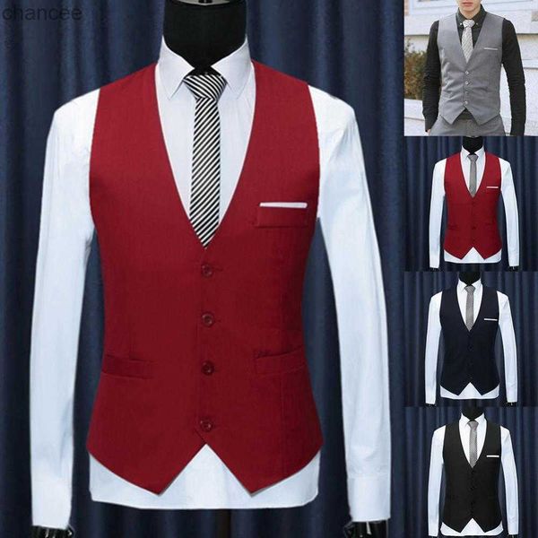 Colete formal masculino vestido terno colete s-lim três botões poliéster + elastano colete masculino casual sem mangas britânico outono terno ves hkd230828